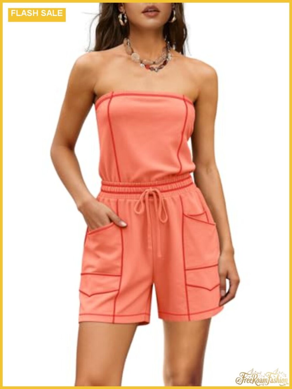 Women's Strapless Wide Leg Jumpsuit with Pockets Casual Summer Romper